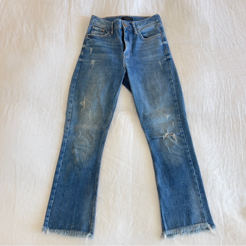River Island High Waist Blue Ankle Cropped Distressed Denim Jeans